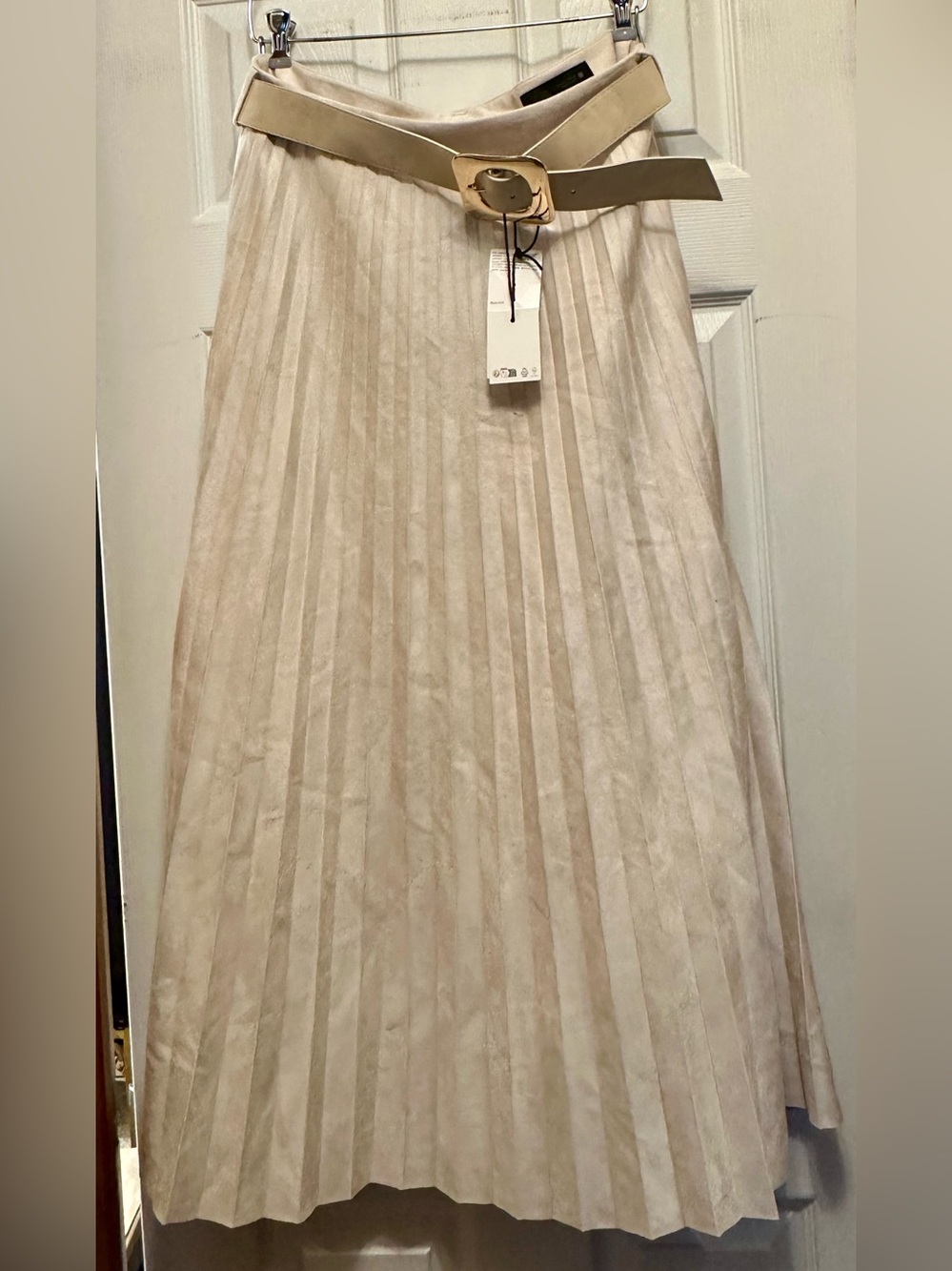 Zara Faux Suede Pleated Midi Skirt with Tonal Belt.